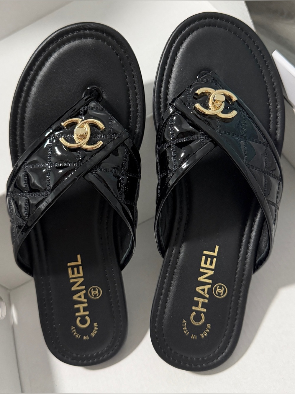 CHANEL Black Quilted Patent Leather Slide Sandals